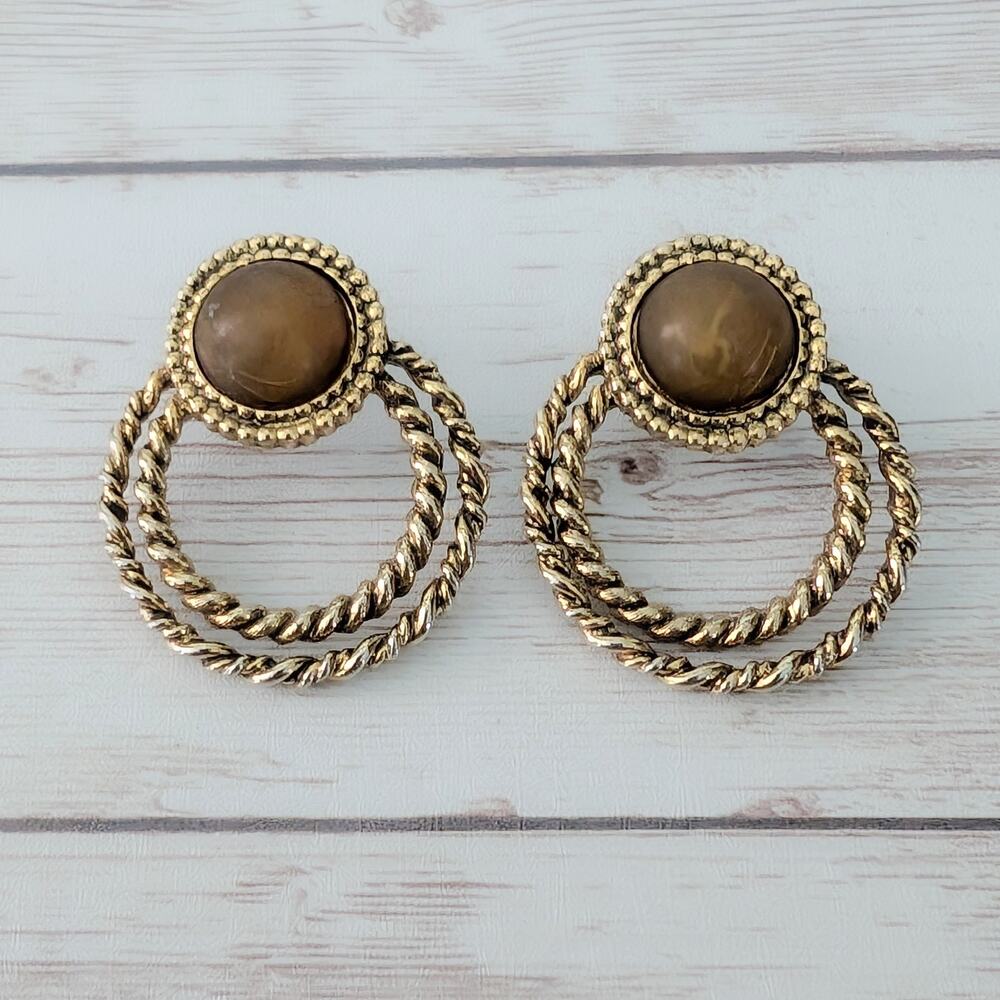 Vintage Stud Earrings Dusky Brown & Gold Tone Stylish Statement